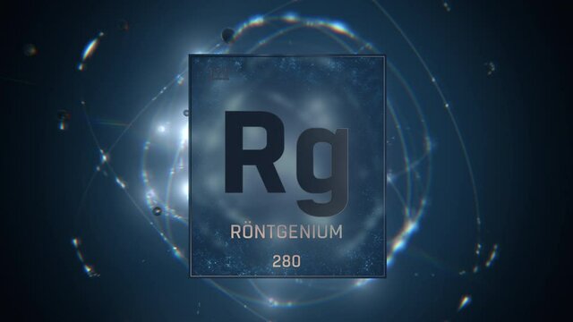 Roentgenium as Element 111 of the Periodic Table. Seamlessly looping 3D animation on blue illuminated atom design background orbiting electrons name, atomic weight element number in German language