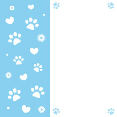 Paw prints and hearts on a blue background frame background with empty space for your text.