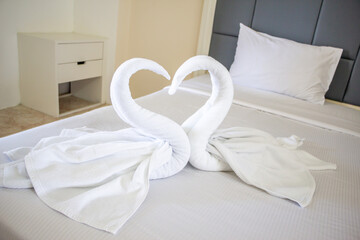 hotel housekeeper fold white towel as two swans or heart