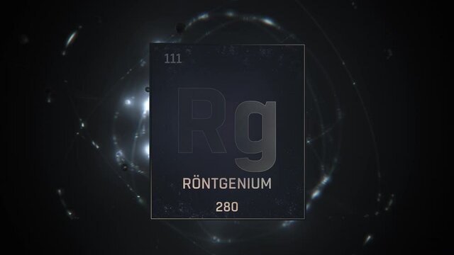 Roentgenium as Element 111 of the Periodic Table. Seamlessly looping 3D animation on silver illuminated atom design background orbiting electrons name, atomic weight element number in German language