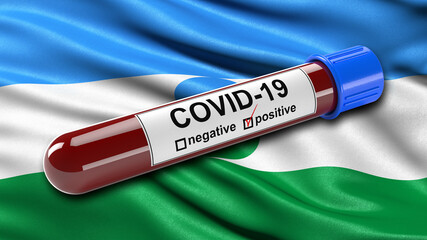 Flag of the Kabardino-Balkar Republic waving in the wind with a positive Covid-19 blood test tube. 3D illustration concept for blood testing for diagnosis of the new Corona virus.