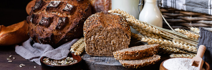 Concept of homemade bread, natural farm products, domestic production. Healthy and tasty organic...
