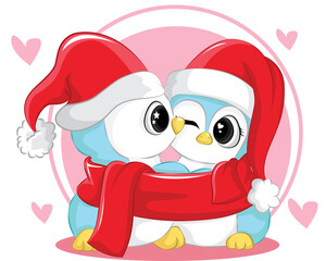 Vector cute couple Penguin character. Christmas poster for baby room, greeting card, kids and baby t-shirts and wear. Cool Penguin new year baby decoration, winter greeting card
