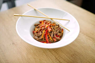 Stir fry noodles soba with beef
