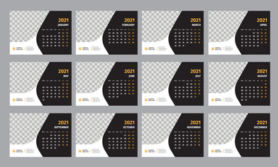 Set Desk Calendar 2021 template design vector, Calendar 2021, 2021, cover design, Set of 12 Months, Week starts Monday, Stationery design, flyer, printing layout, publication template, planner