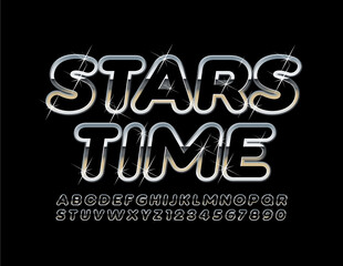 Vector premium sign Stars Time with sparkling metal Font. Silver sparkling Alphabet Letters and Numbers