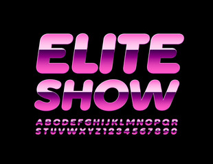 Vector bright banner Elite Show. Pink Metal Font. Reflective modern Alphabet Letters and Numbers