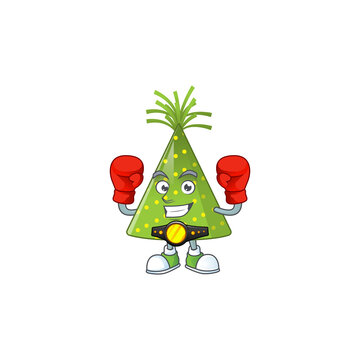 Caricature picture of green party hat boxing athlete on the arena