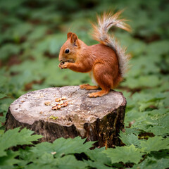 Naklejka na ściany i meble The squirrel, sitting on a stump, gnaws the peeled walnut kernels.