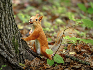 The cute squirrel, standing on the ground, leaned on a tree trunk with one paw and holds in its...