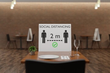 Social distancing restaurant,  keep 2 meters distance 3D rendering 