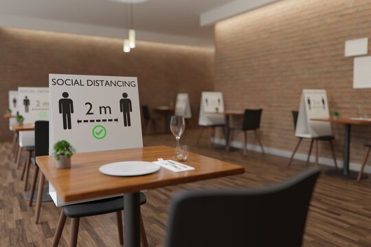 Social Distancing Restaurant, Please Keep 2 Meters Distance 3D Rendering 