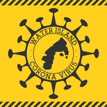 Corona virus in Water Island sign. Round badge with shape of virus and Water Island map. Yellow island epidemy lock down stamp. Vector illustration.