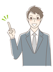 笑顔で指をさす正面向きの男性