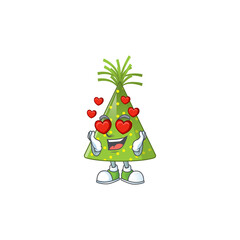 An adorable green party hat cartoon mascot style with a falling in love face