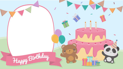 The brown bear and the panda stand with the pink cake to prepare to celebrate the birthday party. There are balloons, gift boxes decorated.  invitation Cake birthday .vector illustrator