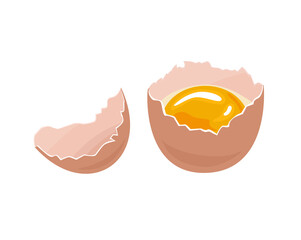 Broken chicken egg and yellow egg yolk in shell isolated on white background. Vector illustration of cracked halves of brown egg in cartoon flat style.