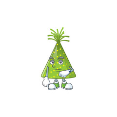 Green party hat showing waiting gesture cartoon design concept
