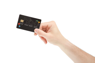 Close up of a hand holding a black credit card on a white background.