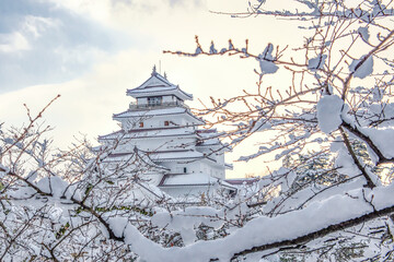Tsuruga Castle covered with Snow in Winter, Aizu Wakamatsu, Fukushima