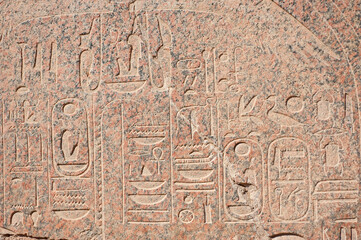 Hieroglyphic carvings on an ancient egyptian temple wall