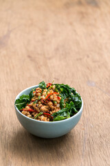 Stir fried minced pork with basil leaves on  thai jasmin rice , thai street food