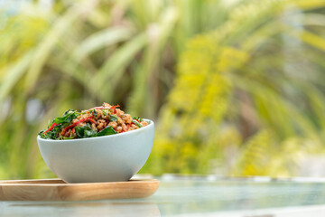 Stir fried minced pork with basil leaves on  thai jasmin rice , thai street food