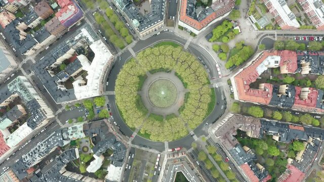 Aerial view Karlaplan Park, Square and Fountain, located in the city of Stockholm, Sweden. 