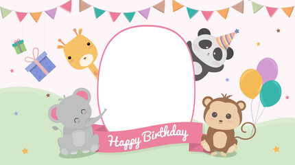 Birthday has elephants, giraffes, pandas, brown bears, monkeys surrounded by text.card design. vector illustrator.