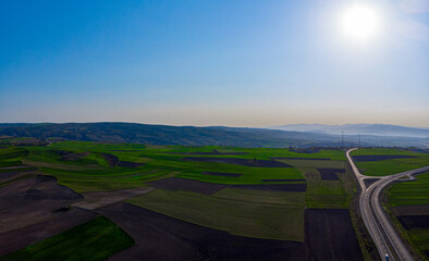 Aerial view to the fertile and arable fields