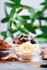 Organic cocoa butter, beans, grated lump, dark chocolate on gray background. Copy space