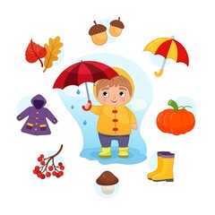 Vector Set signs of Autumn. Collection seasons. Illustration of cute boy with umbrella..