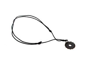 Black thread weaving necklace with gear icon on white background.