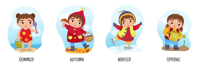 Vector illustration of seasons. Cartoon cute girls.

