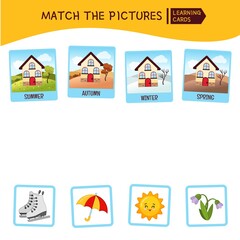 Matching children educational game. Match seasons and objects. Activity for pre sсhool years kids and toddlers.
