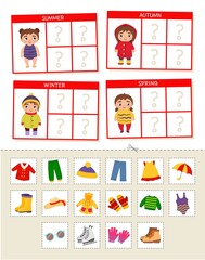 Matching children educational game. Match of  cards by seasons. Activity for pre sсhool years kids and toddlers.