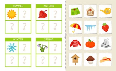 Matching children educational game. Match seasons and objects. Activity for pre sсhool years kids and toddlers.