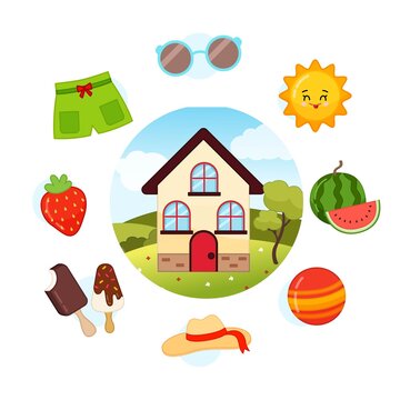 Vector Set Summer. Collection seasons. Illustration of house at different times of the year..