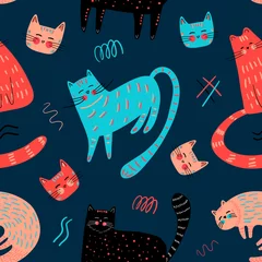 Tapeten Nahtloses Muster mit Katzen im skandinavischen Stil. Farbhintergrund, moderne Vektorillustration für Kinder. Design für Feiertage, Dekoration, Karten, Aufkleber, Geschenkpapier. © Vasia_illi