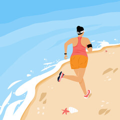 Solo outdoor activities concept. Yong woman is running alone on the beach. Flat style vector illustration