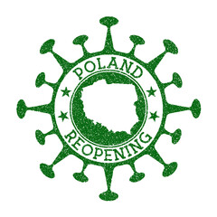 Poland reopening stamp. Green round badge of country with map of Poland. Country opening after lockdown. Vector illustration.