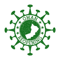 Oman Reopening Stamp. Green round badge of country with map of Oman. Country opening after lockdown. Vector illustration.