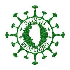 Illinois Reopening Stamp. Green round badge of us state with map of Illinois. Us state opening after lockdown. Vector illustration.