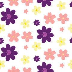 Seamless pattern with abstract flowers with notes in the middle. Creative colorful floral background on white. Concepts: natural, music in the air, spring