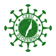 Cebu reopening stamp. Green round badge of island with map of Cebu. Island opening after lockdown. Vector illustration.