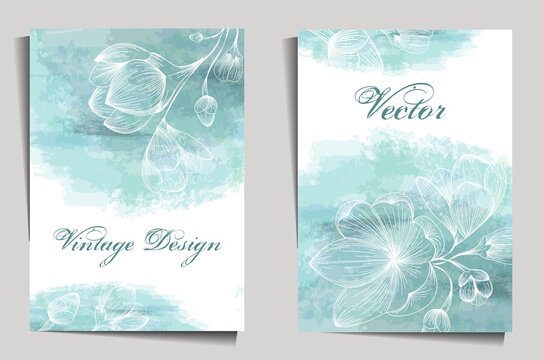 Vintage design with flowers on a watercolor background. Cover, stencil for notebook design,
books, notebooks, postcards, invitations. Vector with a retro cherry blossom.
