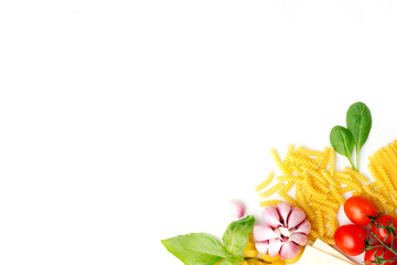 pasta, spaghetti, cherry tomatoes and garlic on a white background