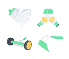 Garden Tools, illustration, icons, set. Dual tap connector, hoe, roller moss removal rake, fan rake