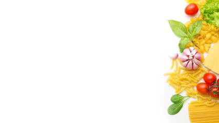 spaghetti, cherry tomatoes and garlic on a white background