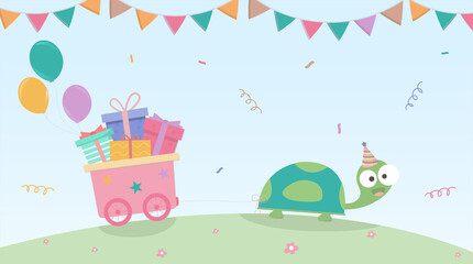Fototapeta na wymiar The turtle is going to send gifts with a smile at the birthday party. Happy Birthday greeting card,Funny vector illustrator